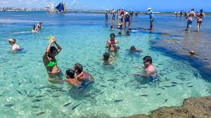 imagem de turistas tomando banho em em piscinas naturais em praia