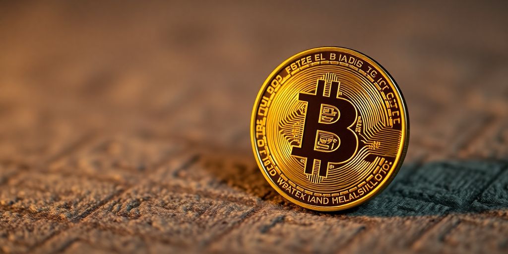 Close-up de uma moeda Bitcoin em superfície texturizada.