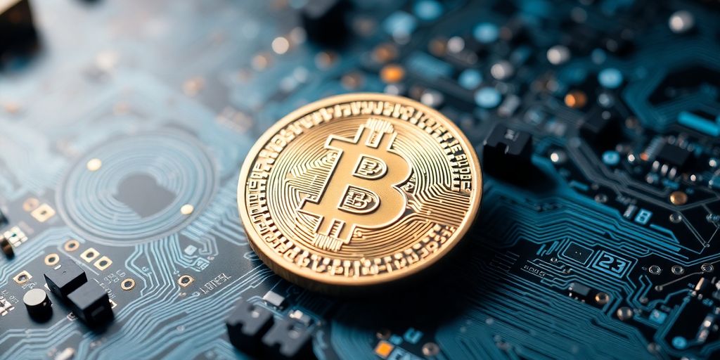 Foto de uma moeda Bitcoin sobre um circuito futurista.