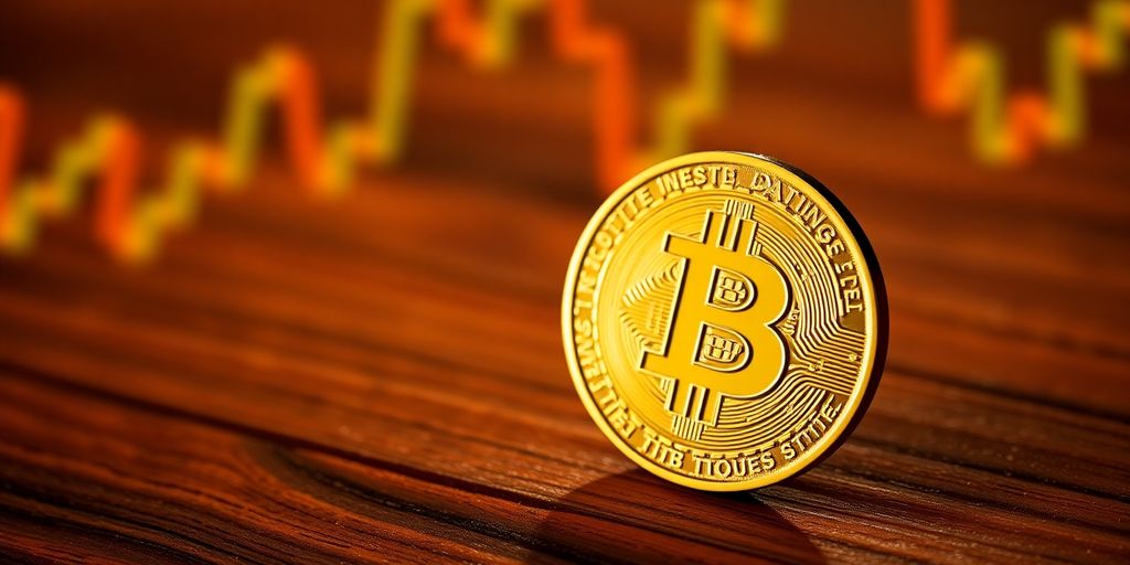 Moeda de Bitcoin dourada em superfície de madeira.