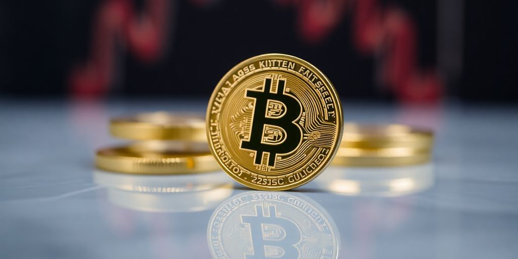 Moeda Bitcoin em superfície reflexiva com luz suave.